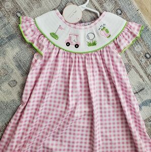 NWT Abby & Evie Girls Golf Smocked Pink Gingham Dress Sz4
